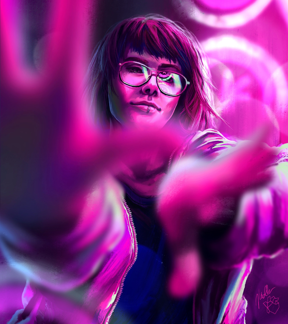 A person with medium length hair and retro glasses is casted in neon pink light and is holding their hands towards the viewer.