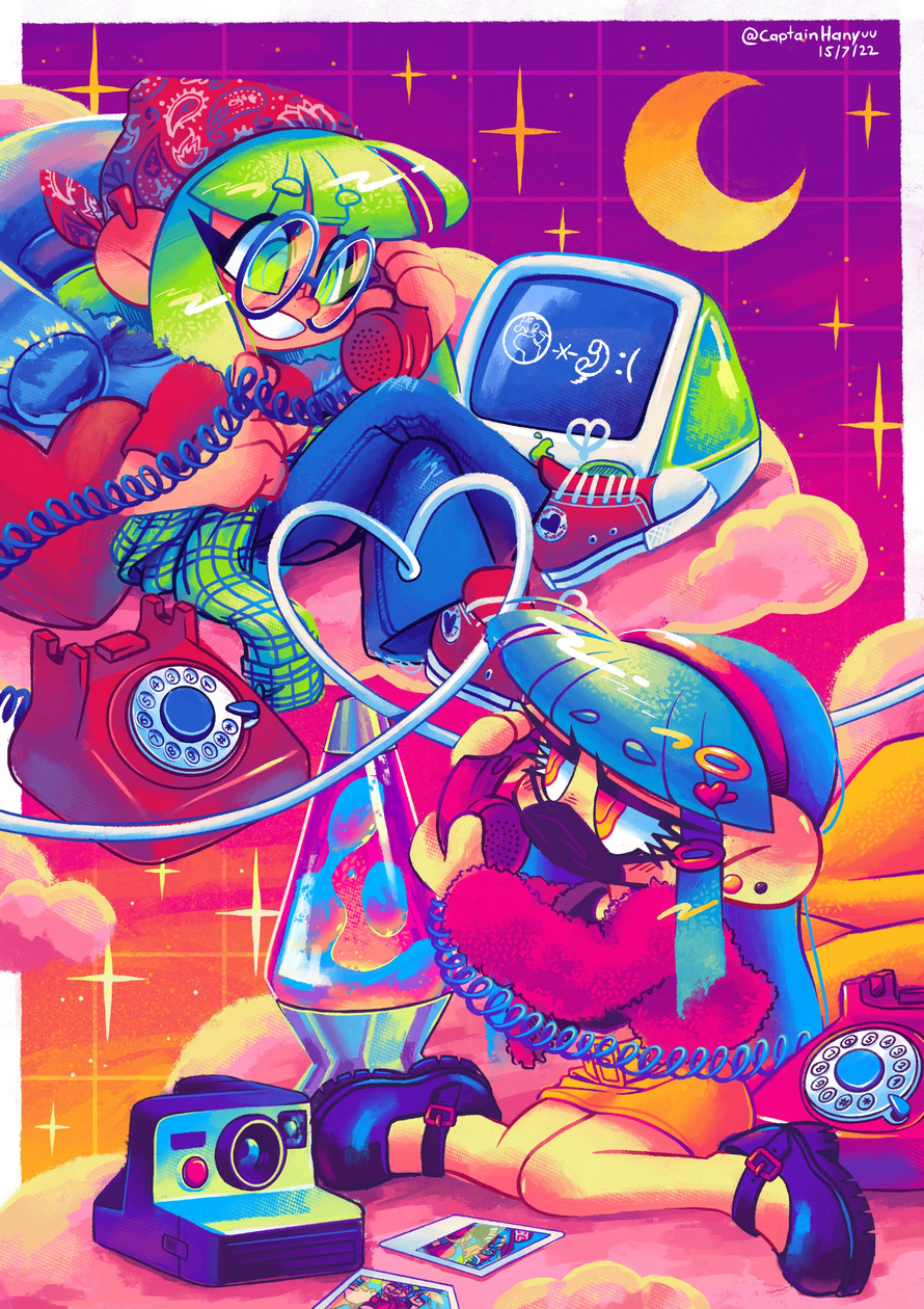 A 90s themed artwork of RGB-chan and CMYK-chan, calling with each other. Of course thateans no parallel internet connection!