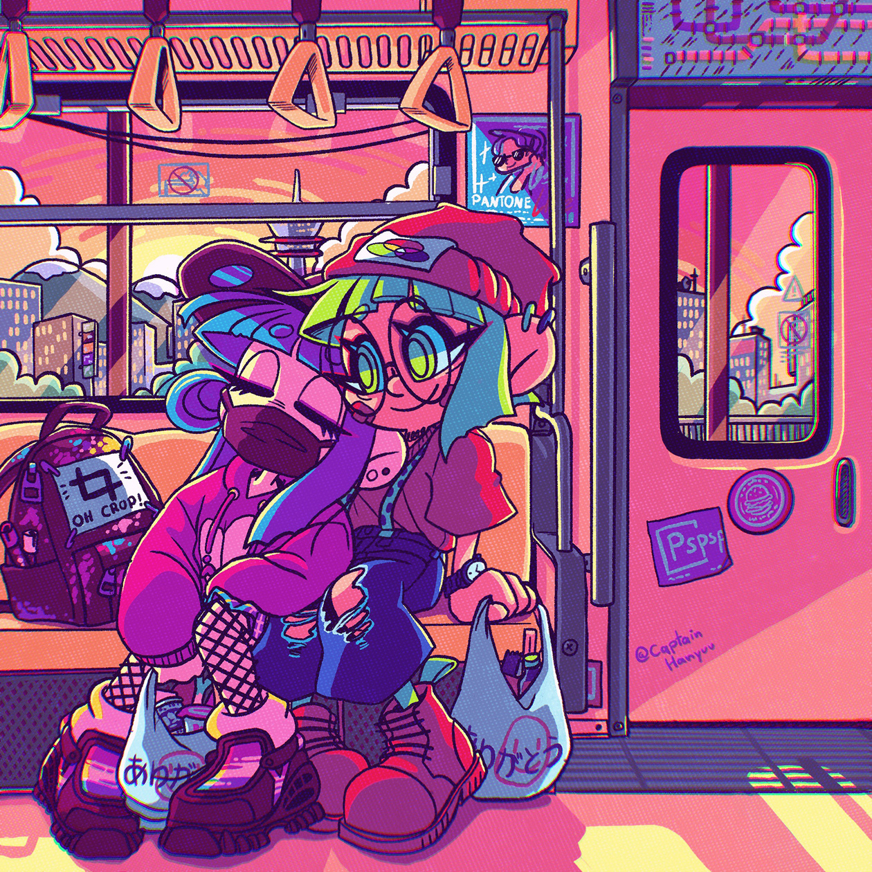 My two OCs, RGB-chan and CMYK-chan on a train back home