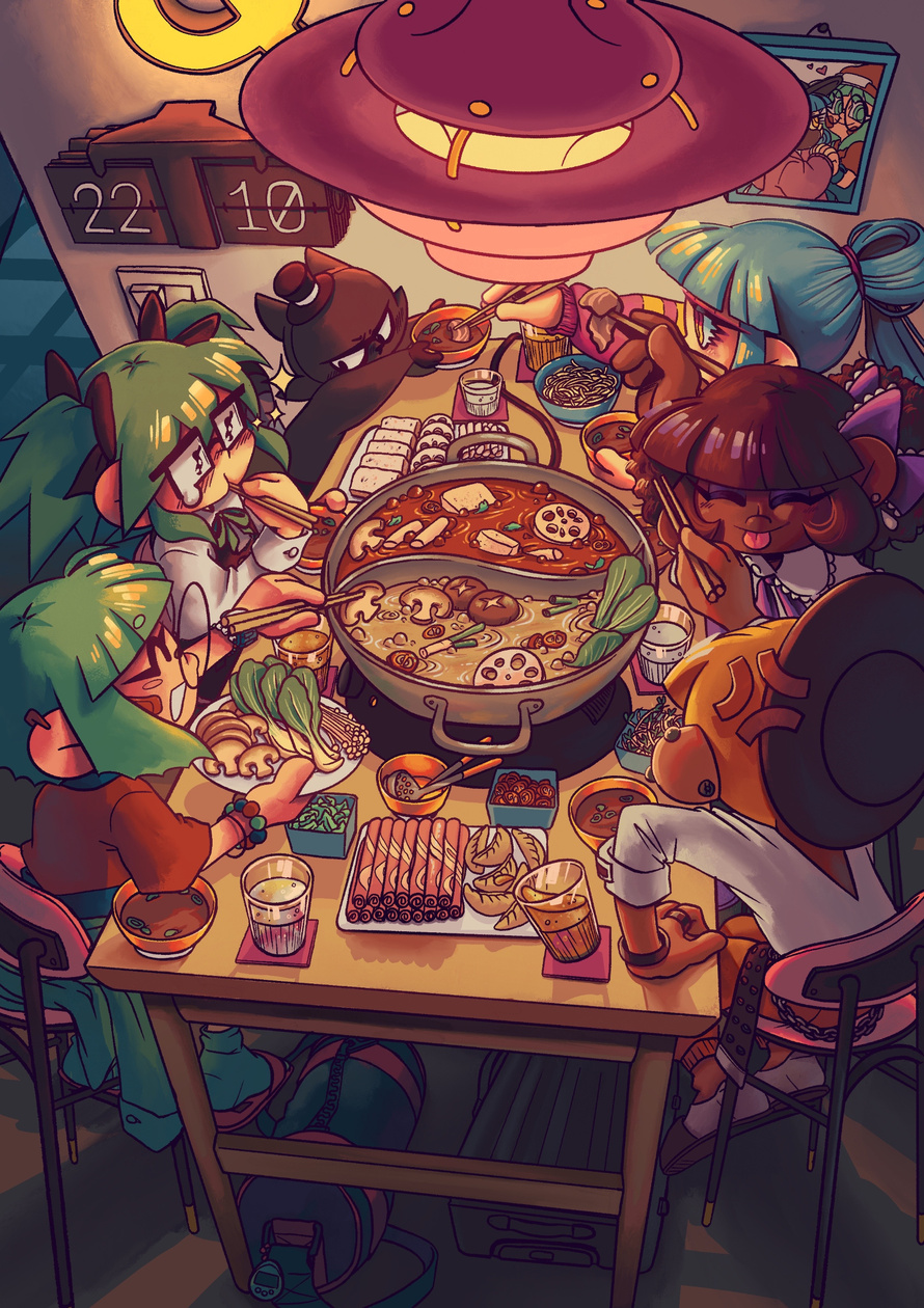 Birds eye view on a table wih a large hotpot in the middle and lots of dishes surrounding it. The atmosphere is warm and cozy. RGB-chan is adding veggies for everyone, while RAL-chan is discovering the tasty magic of hotpot. CMYK-chan is handing some fresh