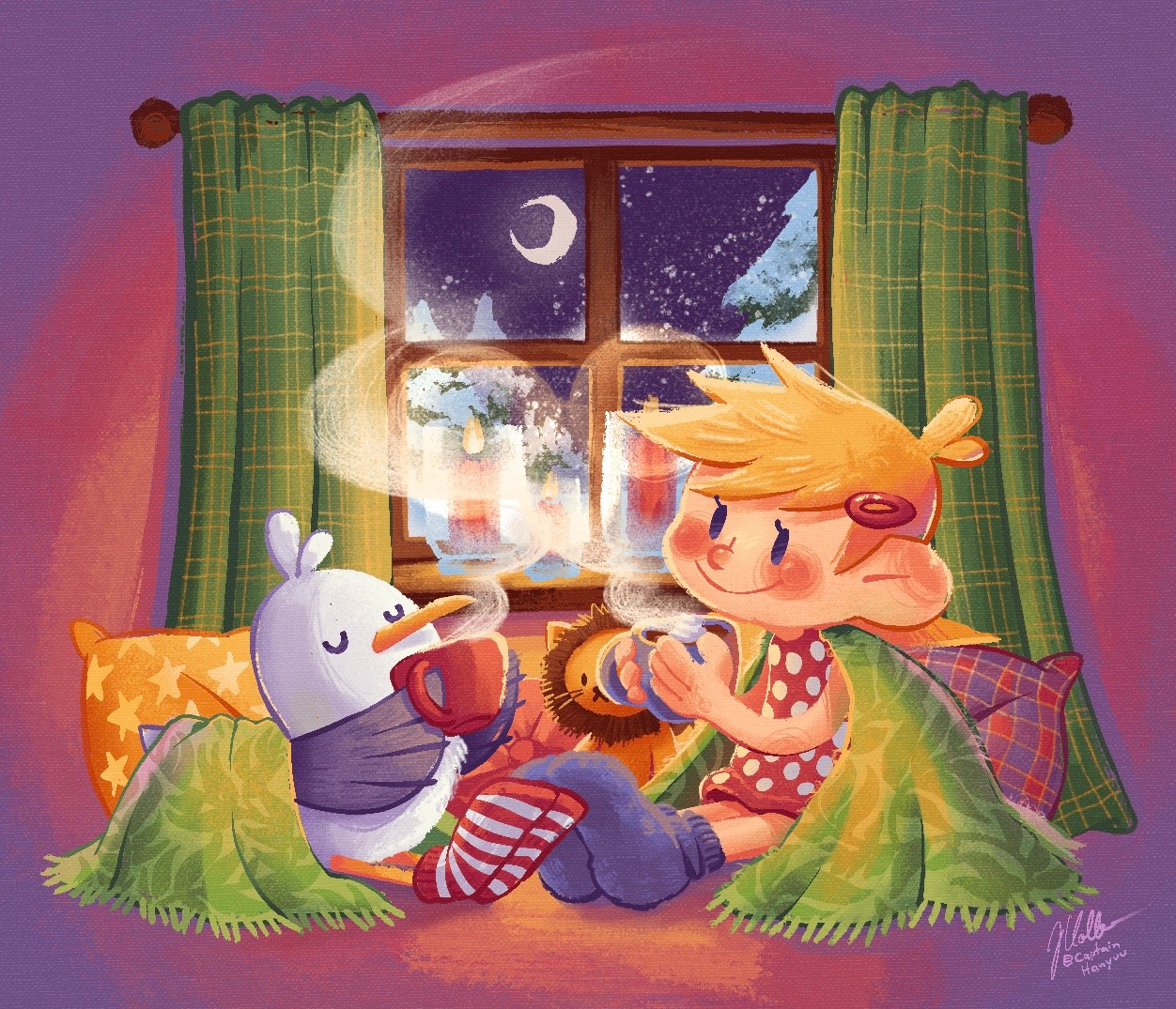 Lotti and Mattes drinking some hot cocoa on a winter night. I illustrated a couple of childrens books with them.