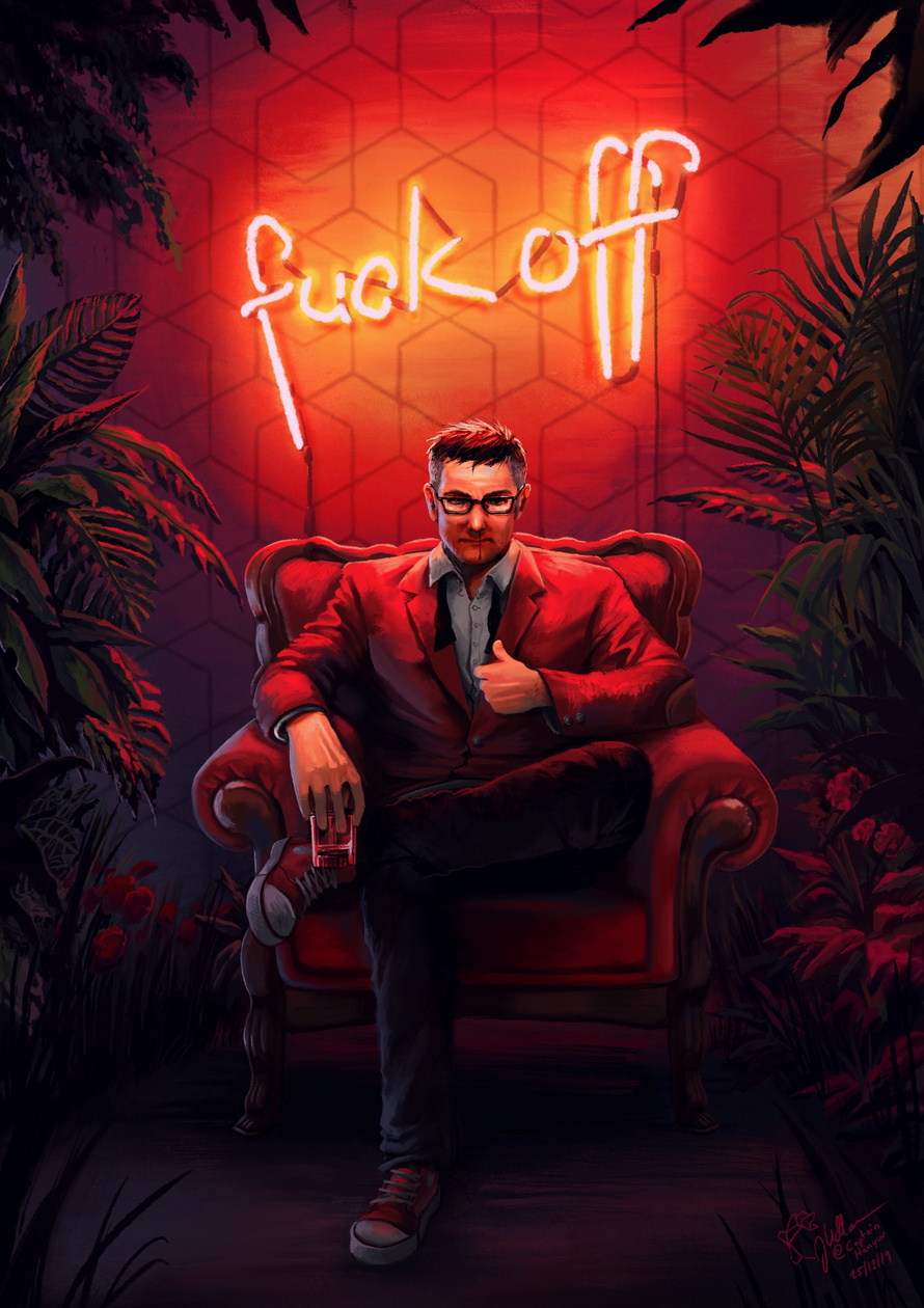 I also do realism based art from time to time. My character Michael sitting in front of a large neon sign, which reads "fuck off". He is surrounded by plants.