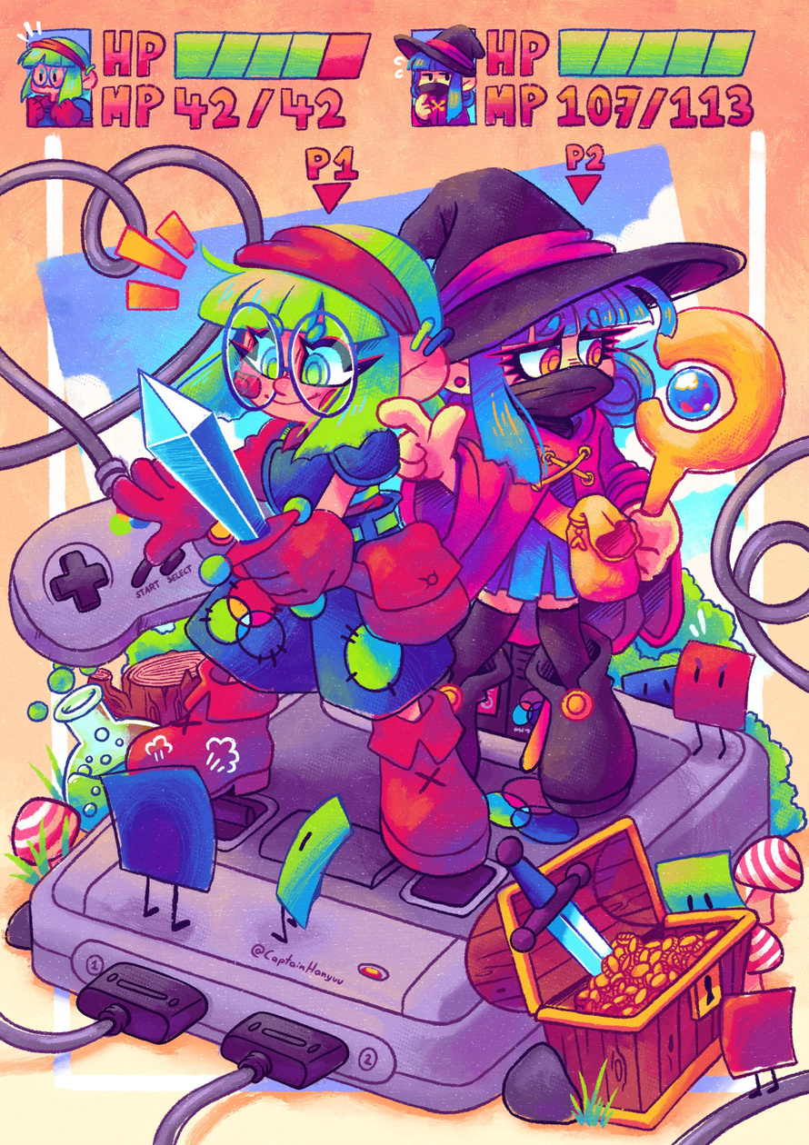 Illustration of my two original characters, RGB-chan and CMYK-chan. They are stuck in a video game, fighting feisty little square creatures, called Stray Pixels. RGB-chan the brawler seems eager to engage but CMYK-chan the mage noticed they already got cor