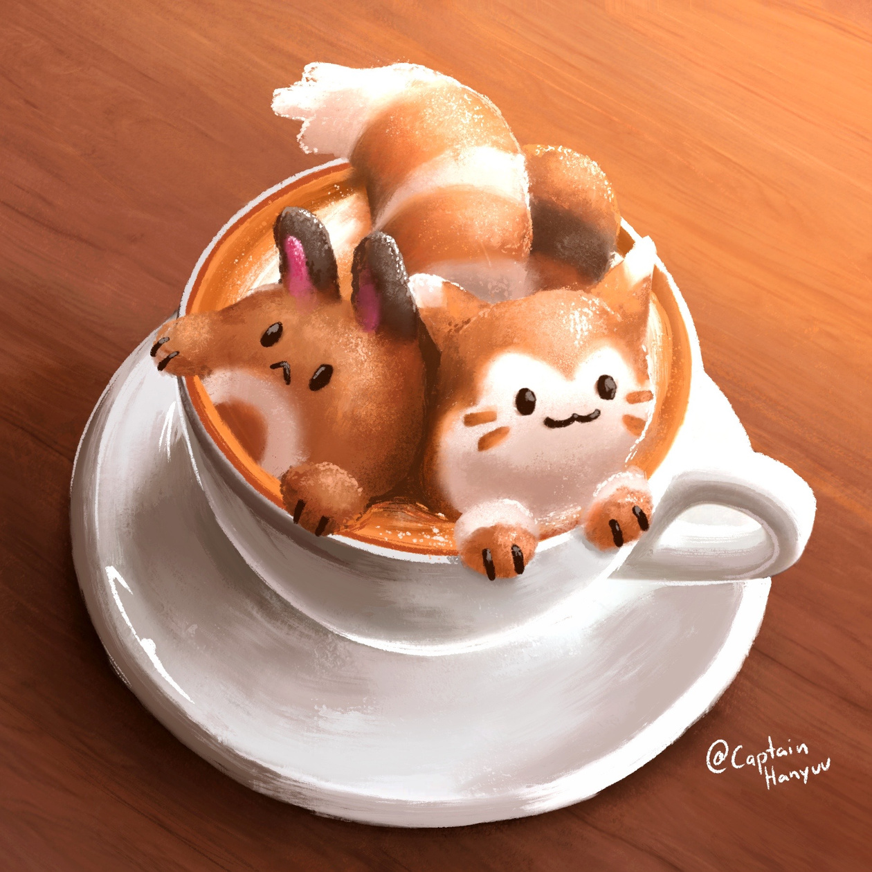 A photorealistic drawing of a coffee cup on a wooden table. A sentret and a furret from Pokémon have been carefully sculpted with milk foam on top.