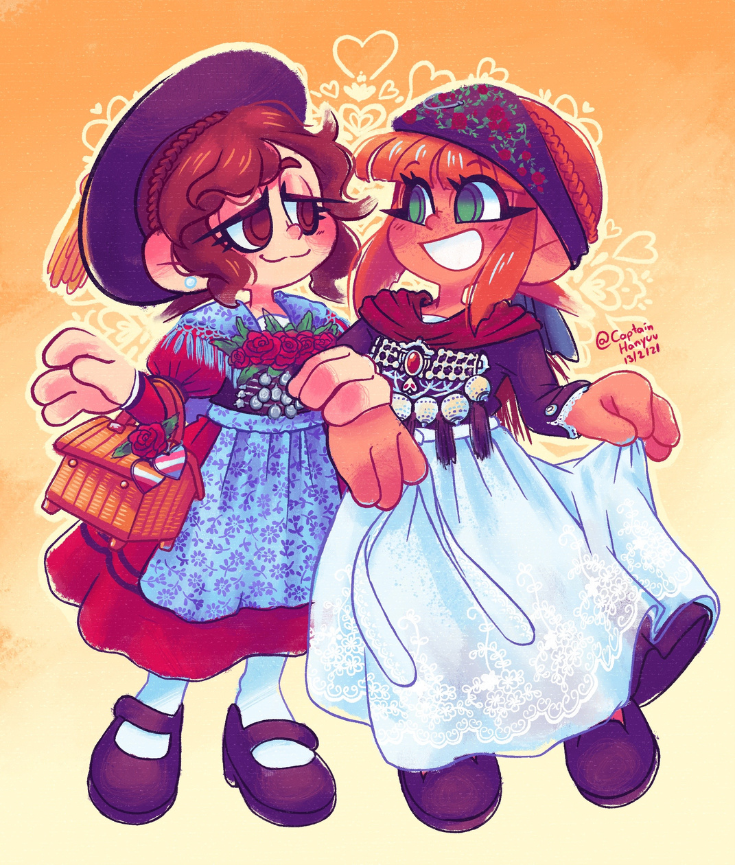 Two girls holding hands, both wearing traditional german garments. The one on the left is wearing a sountern one and the one on the right a northern one.