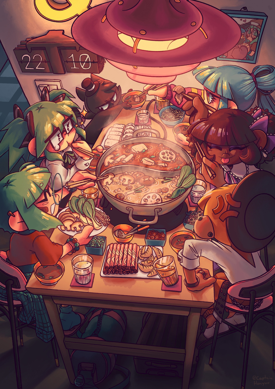 Birds eye view on a table wih a large hotpot in the middle and lots of dishes surrounding it. The atmosphere is warm and cozy. RGB-chan is adding veggies for everyone, while RAL-chan is discovering the tasty magic of hotpot. CMYK-chan is handing some fresh
